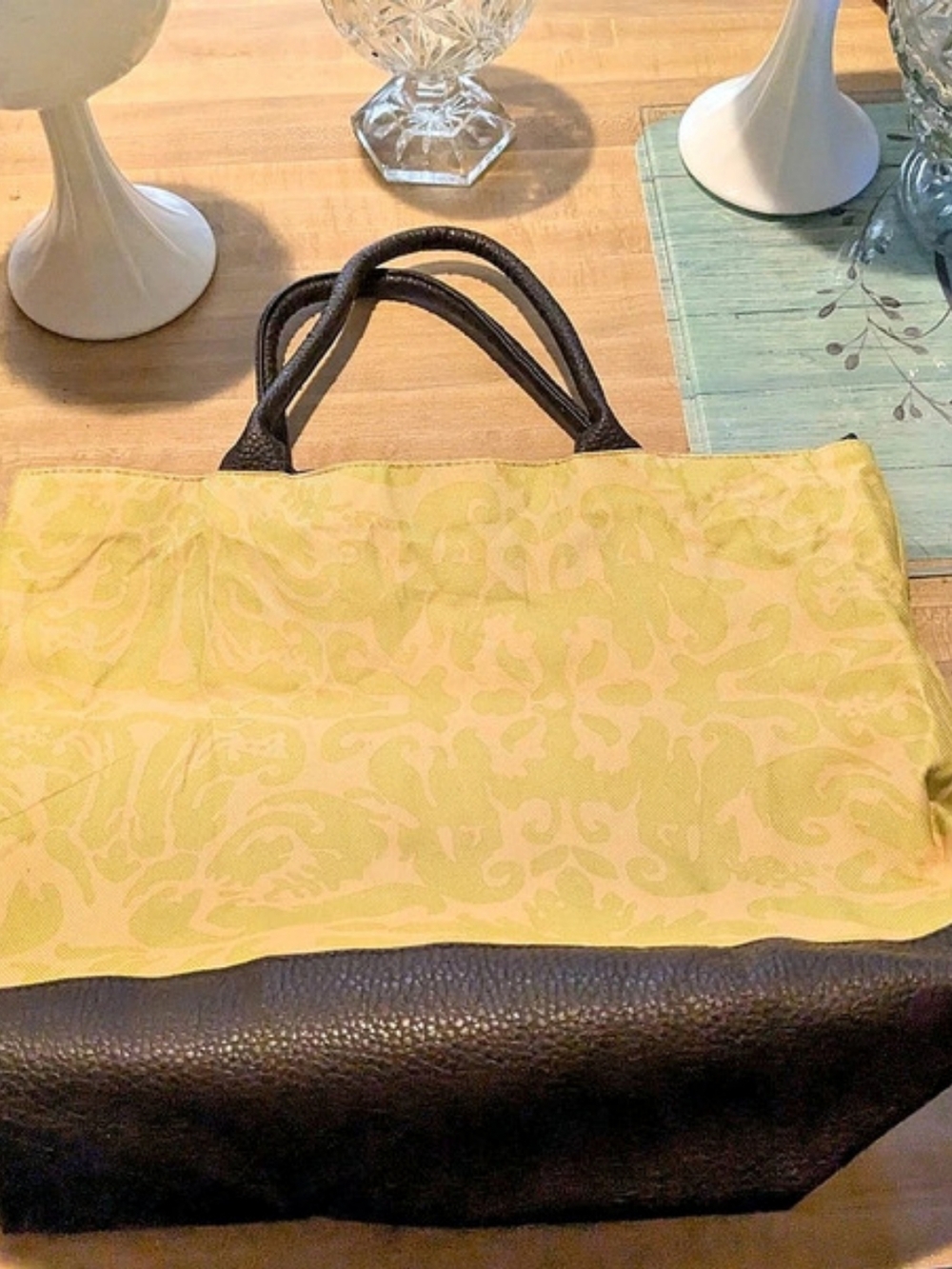 Estee Lauder Abstract Green & B B**** Rown Leather Bottom Tote